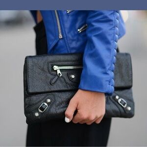 Balenciaga Black lamb skin leather large moto envelope Clutch w/ bronze Hardware